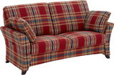 Gemustertes 2,5-Sitzer Sofa in Rot- und Blautönen, seitliche Perspektive