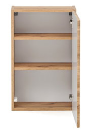 Hängeschrank aus Holz mit zwei Einlegeböden und geöffneter Glastür, Frontalansicht