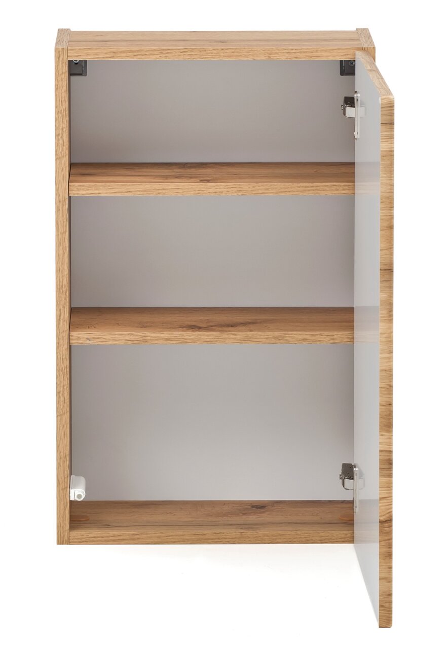 Hangkast van hout met twee legplanken en een open glazen deur, vooraanzicht