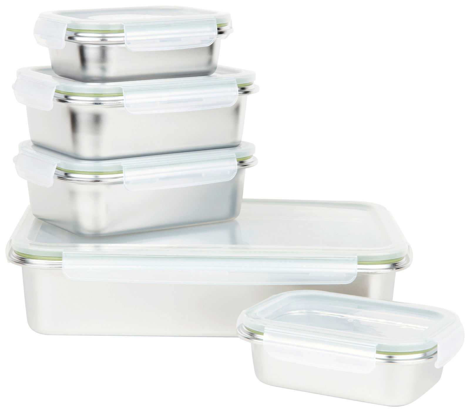 Vorratsdosenset aus Edelstahl mit transparenten Deckeln, gestapelt in einer schrägen Perspektive
