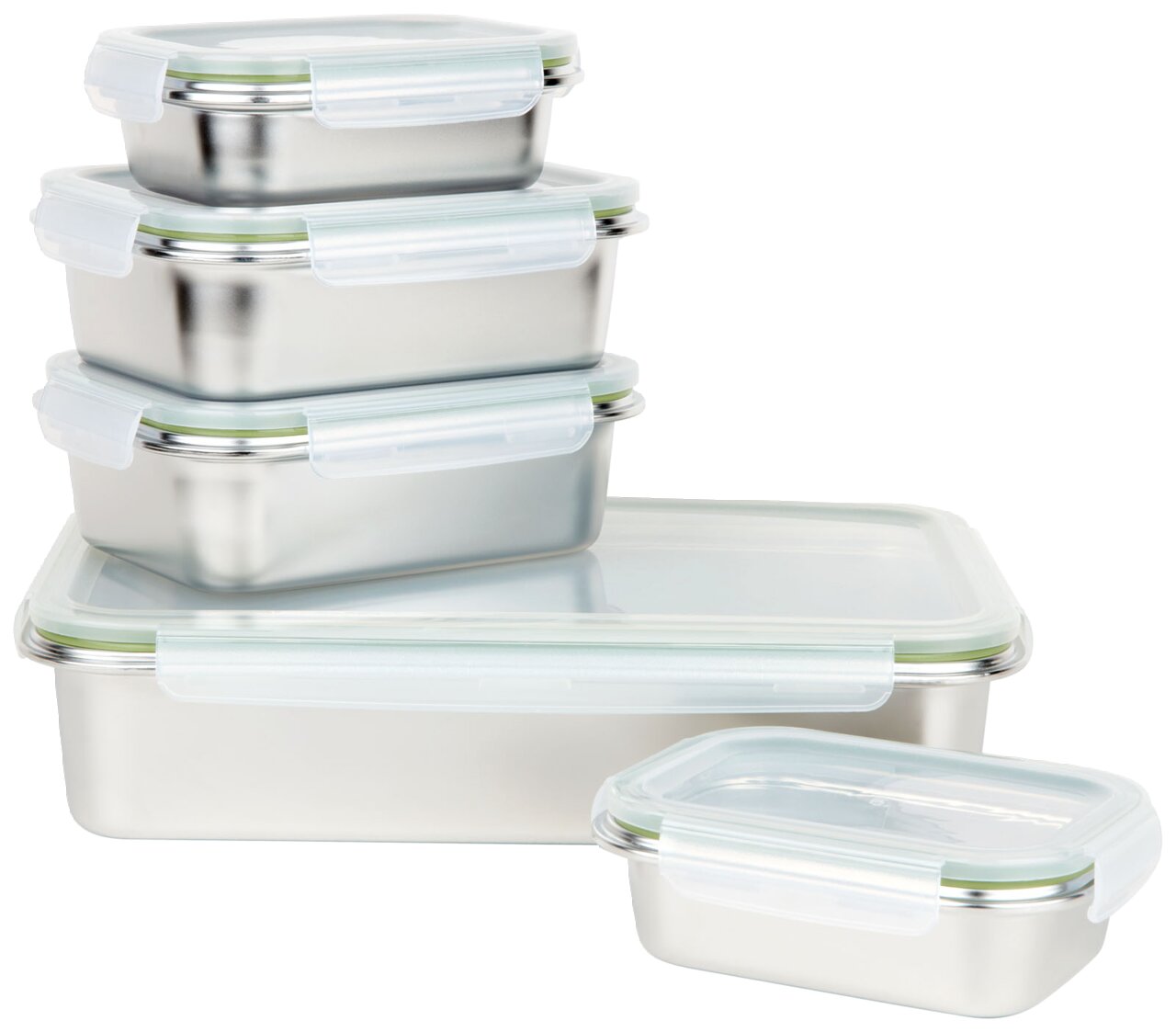 Homeware Edelstahl-Vorratsdosen-Set 5-tlg. Vorratsdosenset aus Edelstahl mit transparenten Deckeln, gestapelt in einer schrägen Perspektive