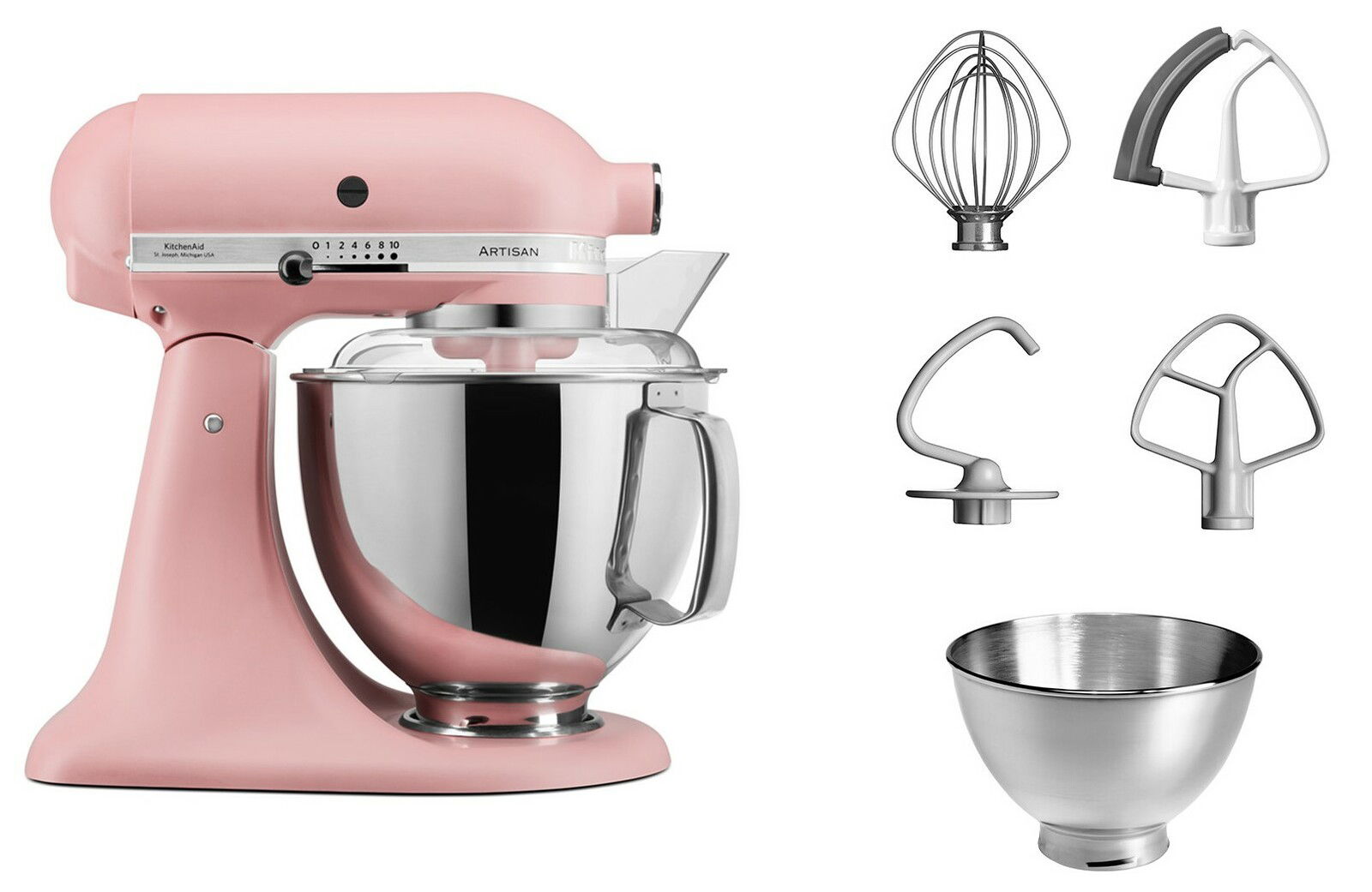 Rosa Küchenmaschine 4.8L Artisan mit Zubehör, seitliche Ansicht