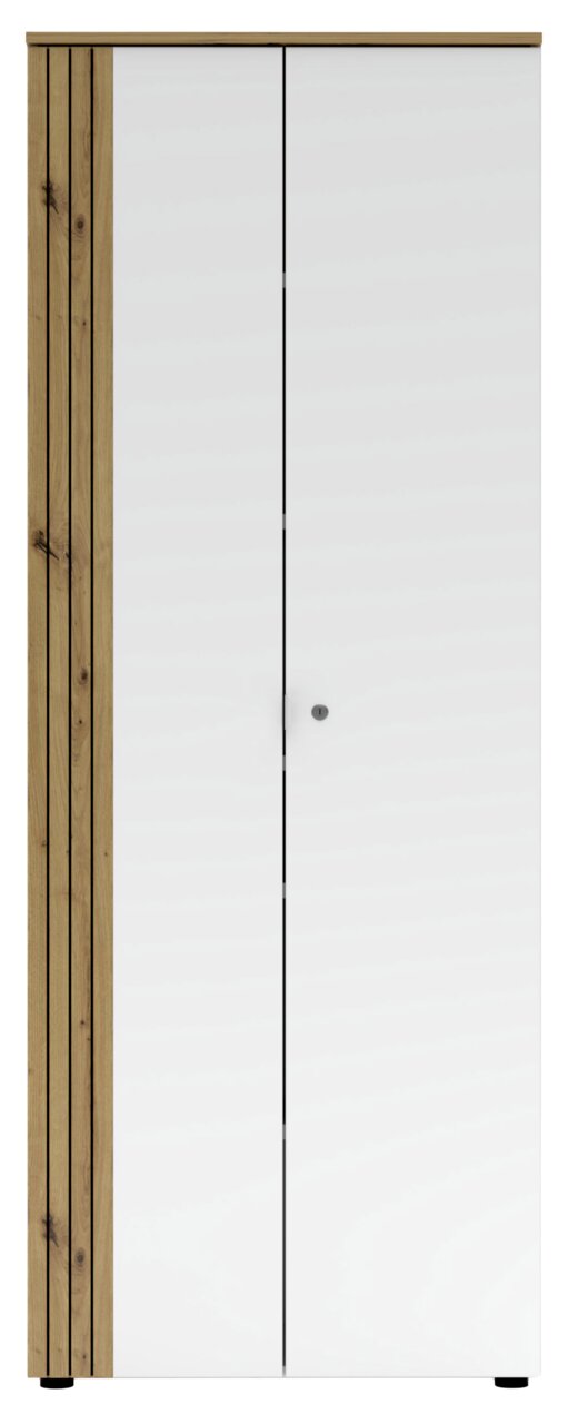 Moderner Büroschrank mit weißen Türen und Holzdetails, Frontalansicht