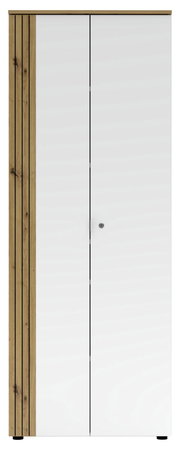 Moderner Büroschrank mit weißen Türen und Holzdetails, Frontalansicht
