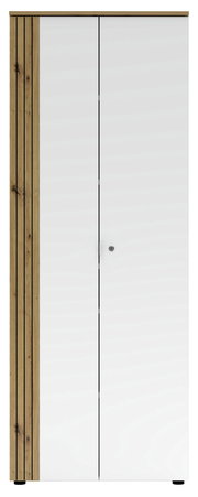 Moderner Büroschrank mit weißen Türen und Holzdetails, Frontalansicht