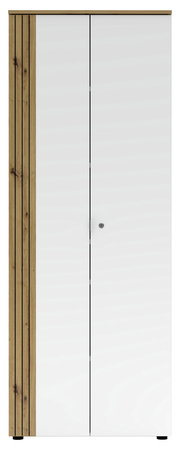 Moderner Büroschrank mit weißen Türen und Holzdetails, Frontalansicht