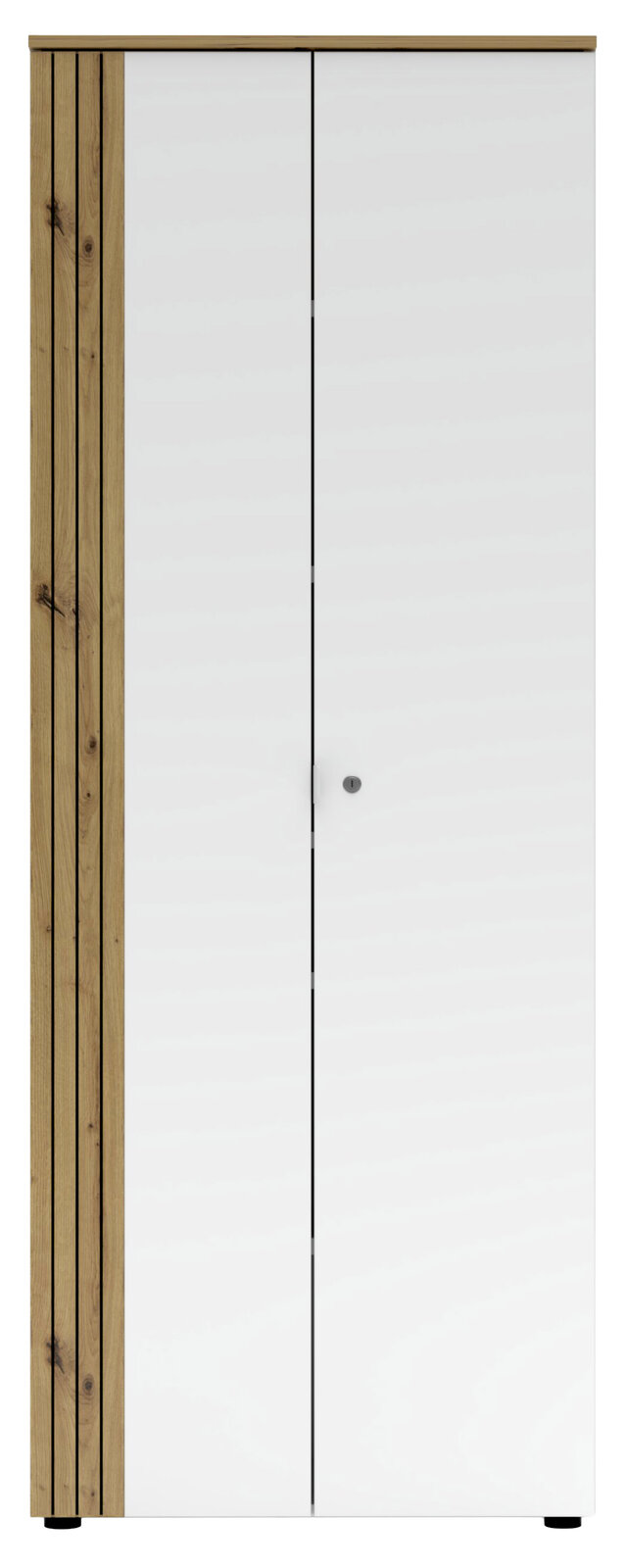 Moderner Büroschrank mit weißen Türen und Holzdetails, Frontalansicht