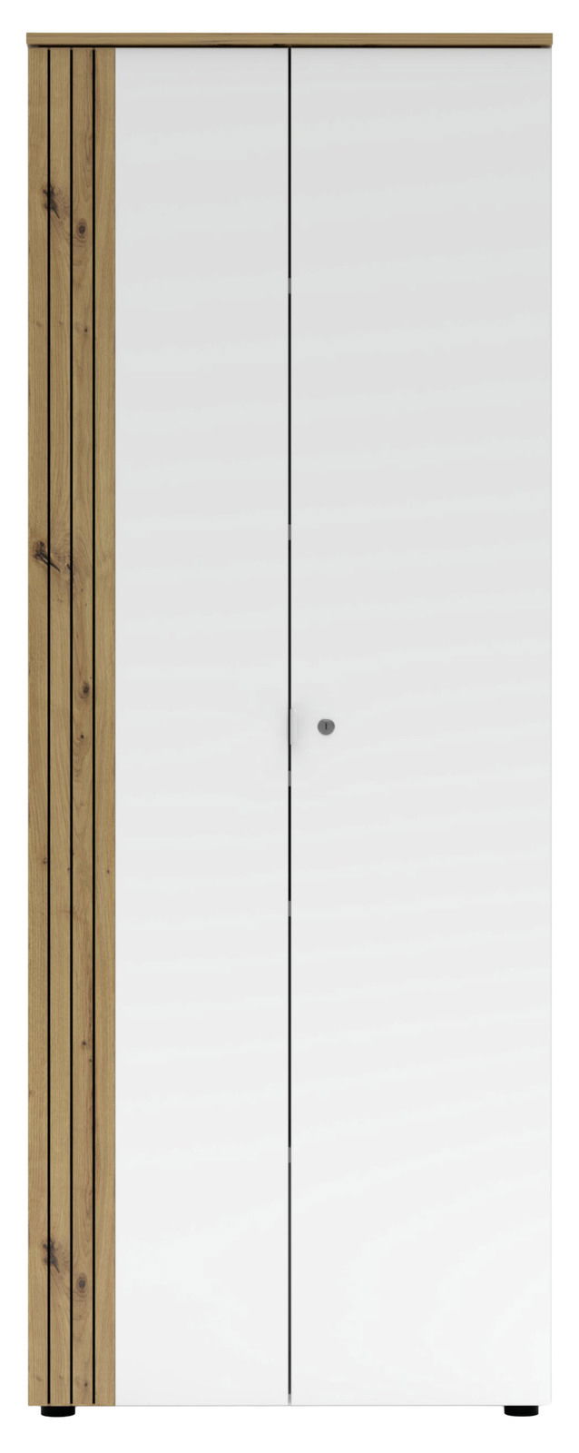 Moderner Büroschrank mit weißen Türen und Holzdetails, Frontalansicht