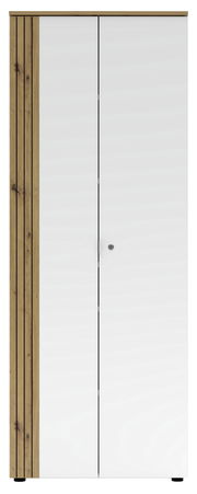 Moderner Büroschrank mit weißen Türen und Holzdetails, Frontalansicht