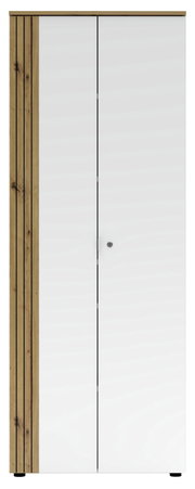 Moderner Büroschrank mit weißen Türen und Holzdetails, Frontalansicht