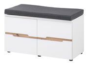 Weiße Garderobenbank mit grauem Sitzpolster und Holzdetails, seitliche Perspektive