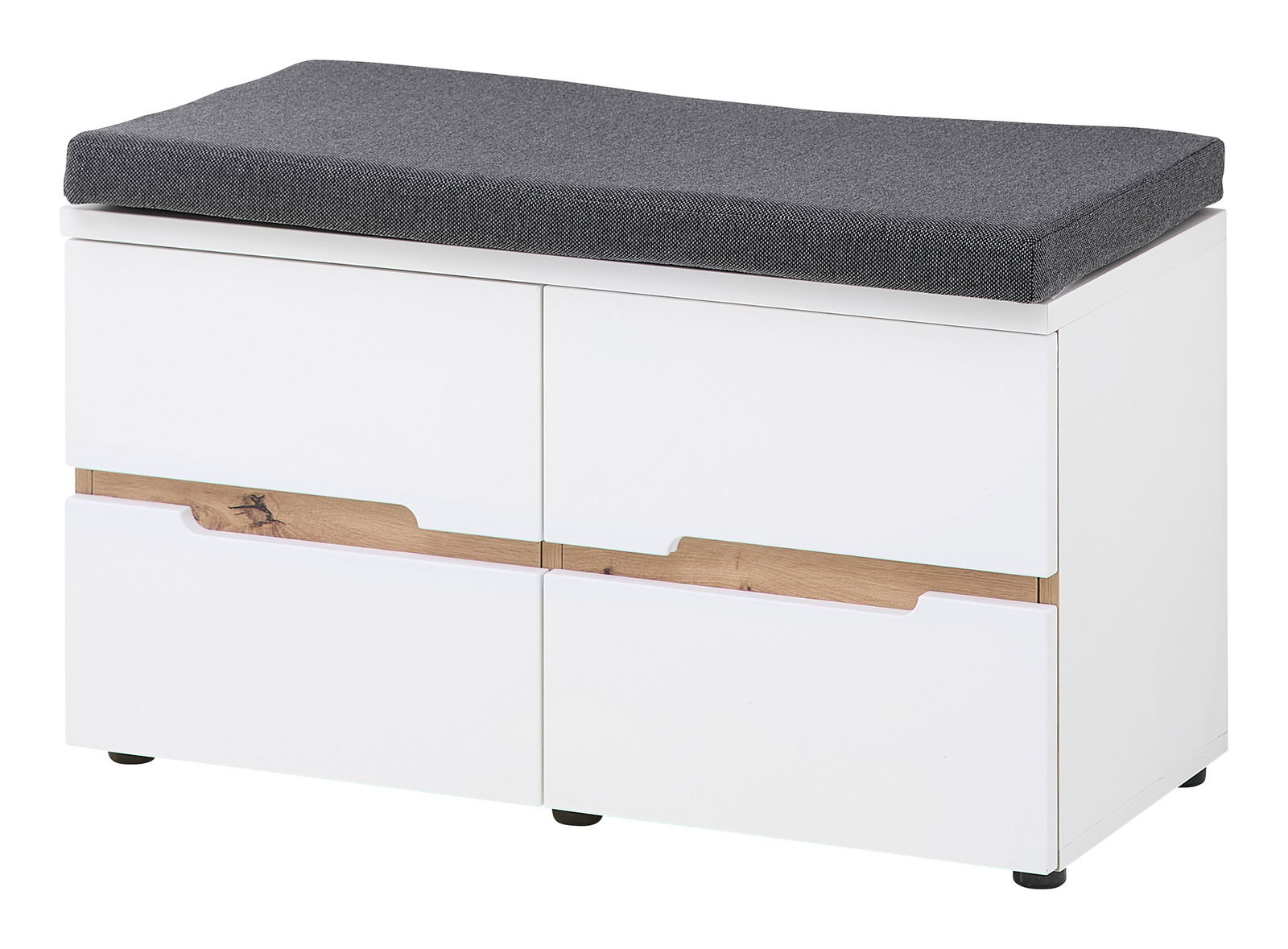 Weiße Garderobenbank mit grauem Sitzpolster und Holzdetails, seitliche Perspektive
