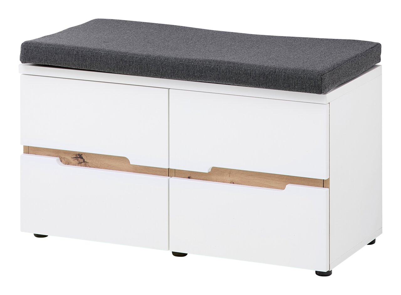 XORA Garderobenbank MEMPHIS Weiße Garderobenbank mit grauem Sitzpolster und Holzdetails, seitliche Perspektive