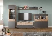 Wohnkombination in modernem Design mit grauen und holzfarbenen Elementen, bestehend aus Vitrine, TV-Schrank und Regal, frontal betrachtet.