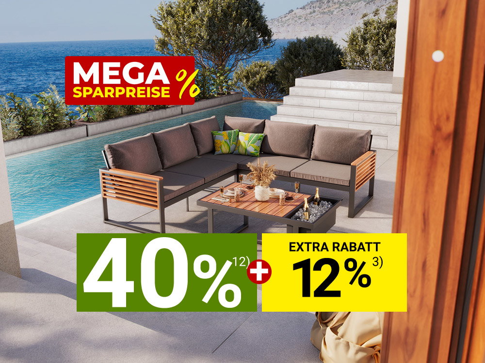 Loungeset auf Terrasse mit Meerblick, Pool und Mega-Sparpreise-Aktion in modernem Ferienambiente.