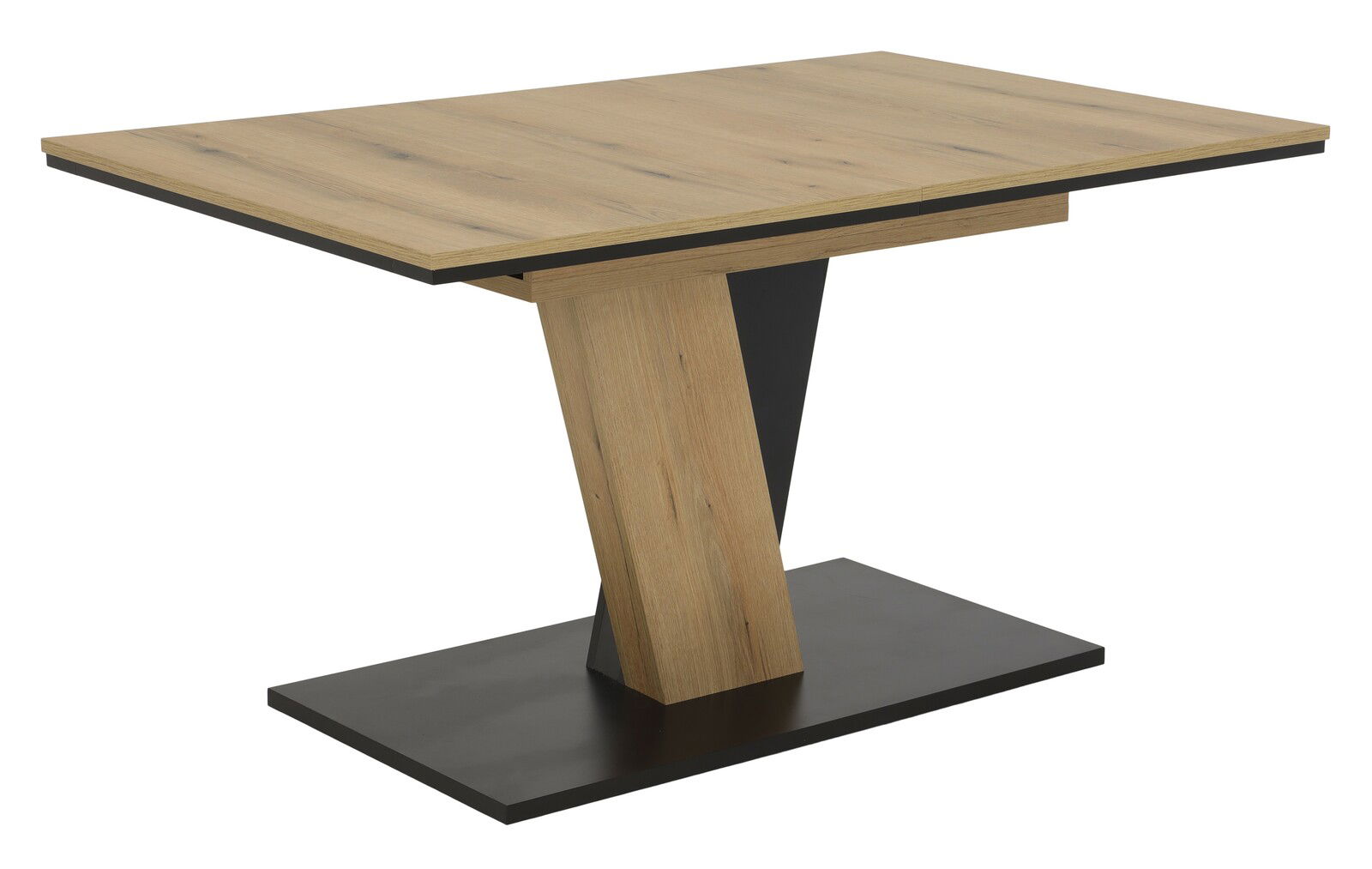 Moderner Esstisch aus Holz mit schwarzem Metallfuß, seitliche Perspektive