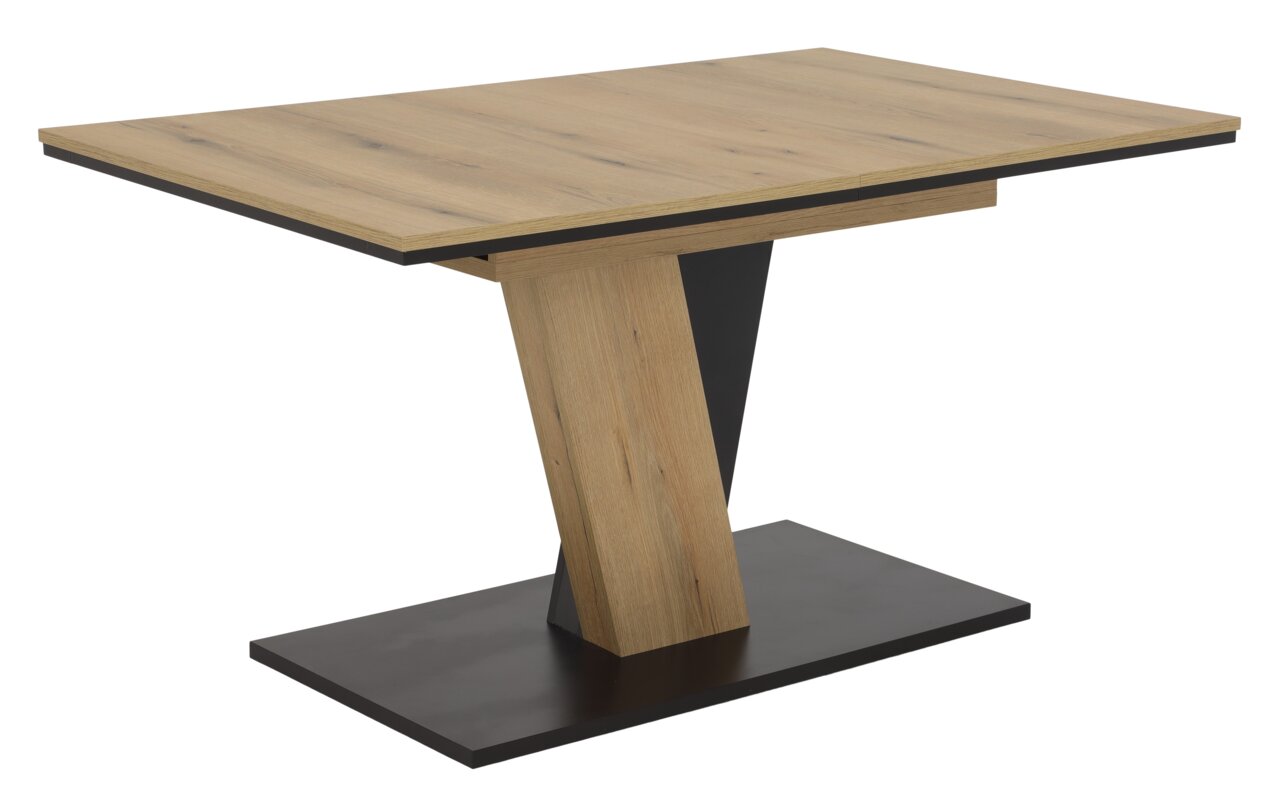 Moderner Esstisch aus Holz mit schwarzem Metallfuß, seitliche Perspektive