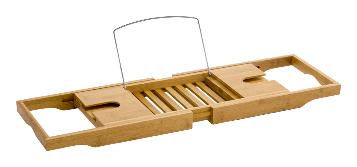 Bambus-Badewannenablage mit Buchhalterung, seitliche Perspektive
