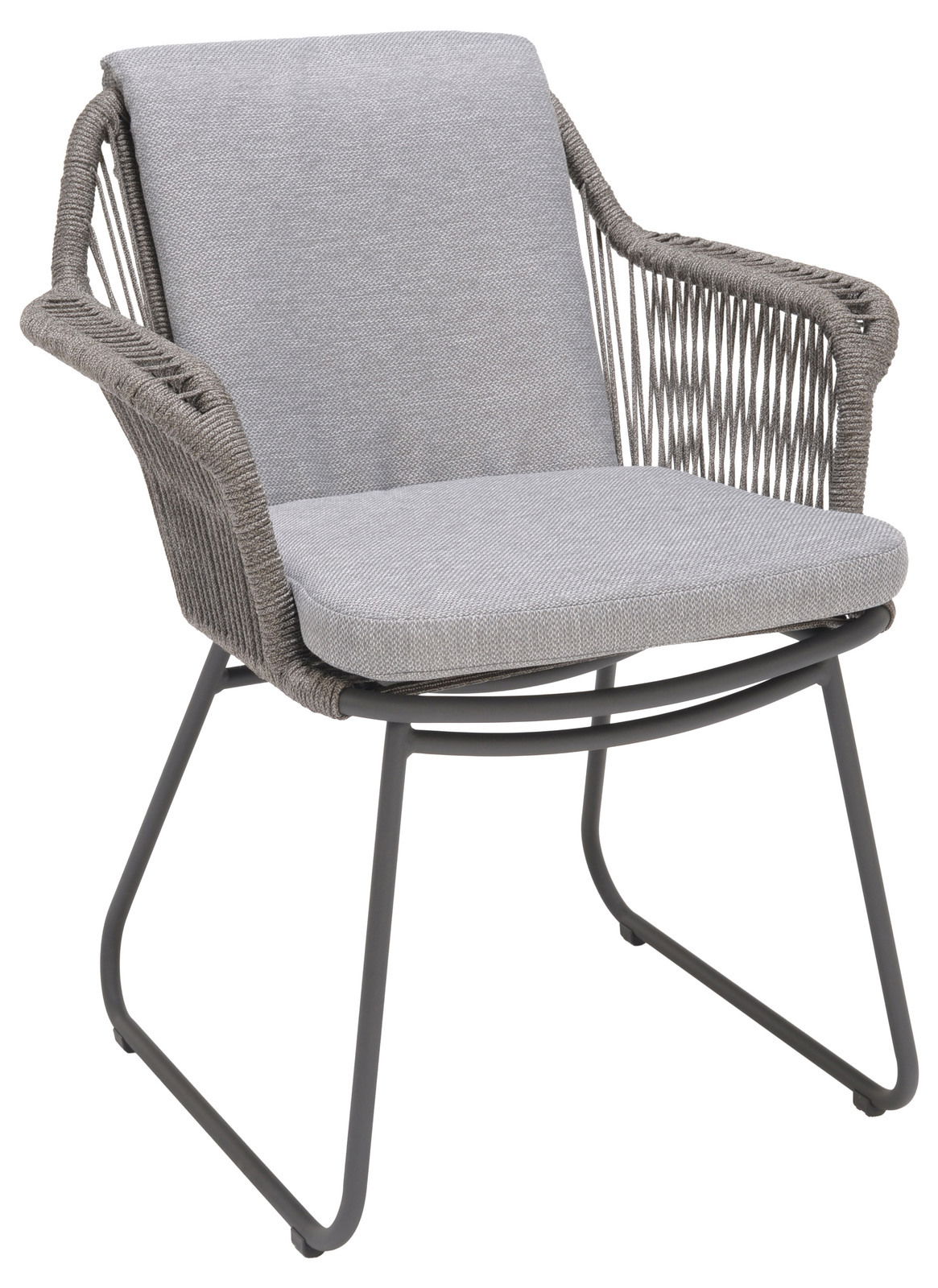 Amatio Armlehnstuhl CIRCLE Moderner Armlehnstuhl mit grauem Stoffbezug und geflochtenen Armlehnen, seitliche Perspektive
