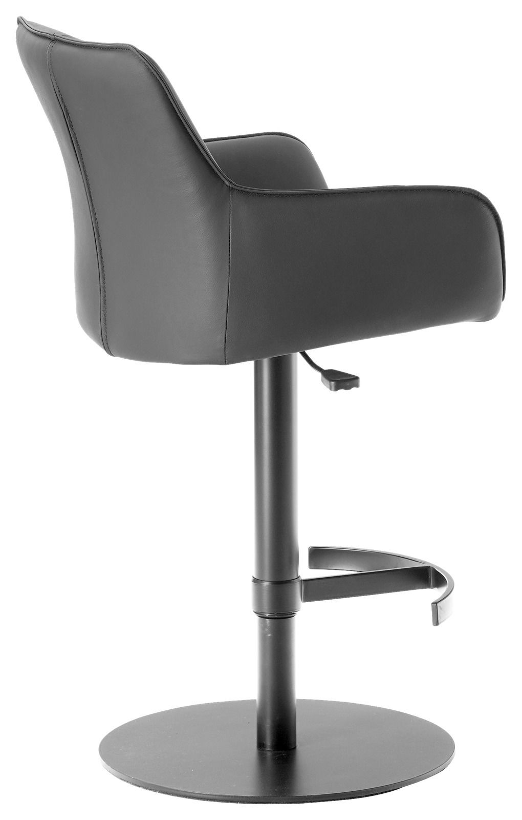Schwarzer Barhocker aus Leder mit Rückenlehne, seitliche Perspektive