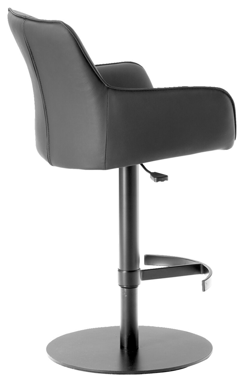Schwarzer Barhocker aus Leder mit Rückenlehne, seitliche Perspektive
