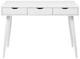 Moderner weißer Schreibtisch mit drei Schubladen, frontal betrachtet.