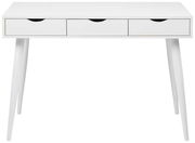Moderner weißer Schreibtisch mit drei Schubladen, frontal betrachtet.