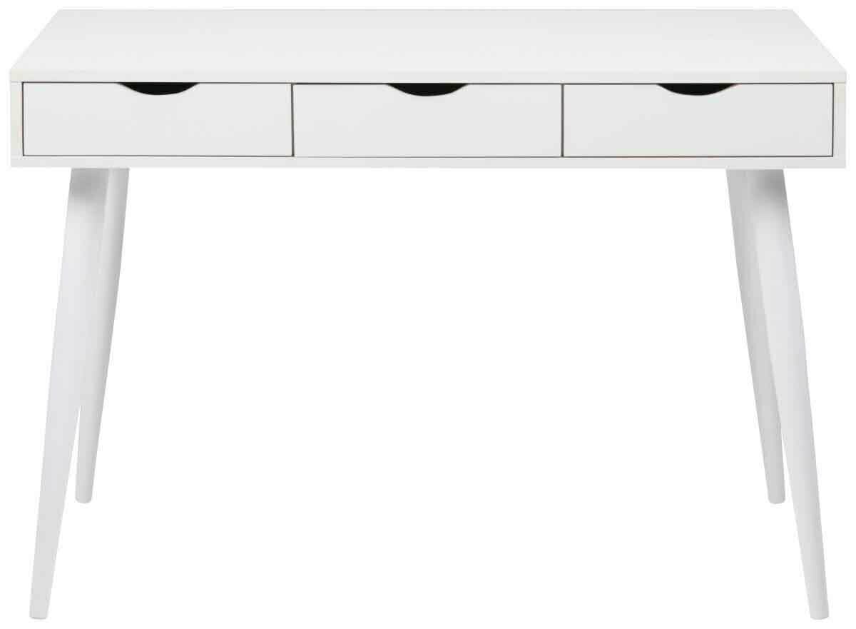 Moderner weißer Schreibtisch mit drei Schubladen, frontal betrachtet.