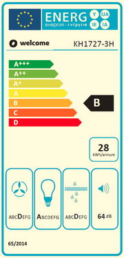 Energieeffizienzlabel mit Klasse B, 28 kWh pro Jahr, 64 dB Lautstärke, Frontalansicht