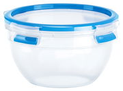 Runde Frischhaltedose mit blauem Deckel, seitliche Ansicht