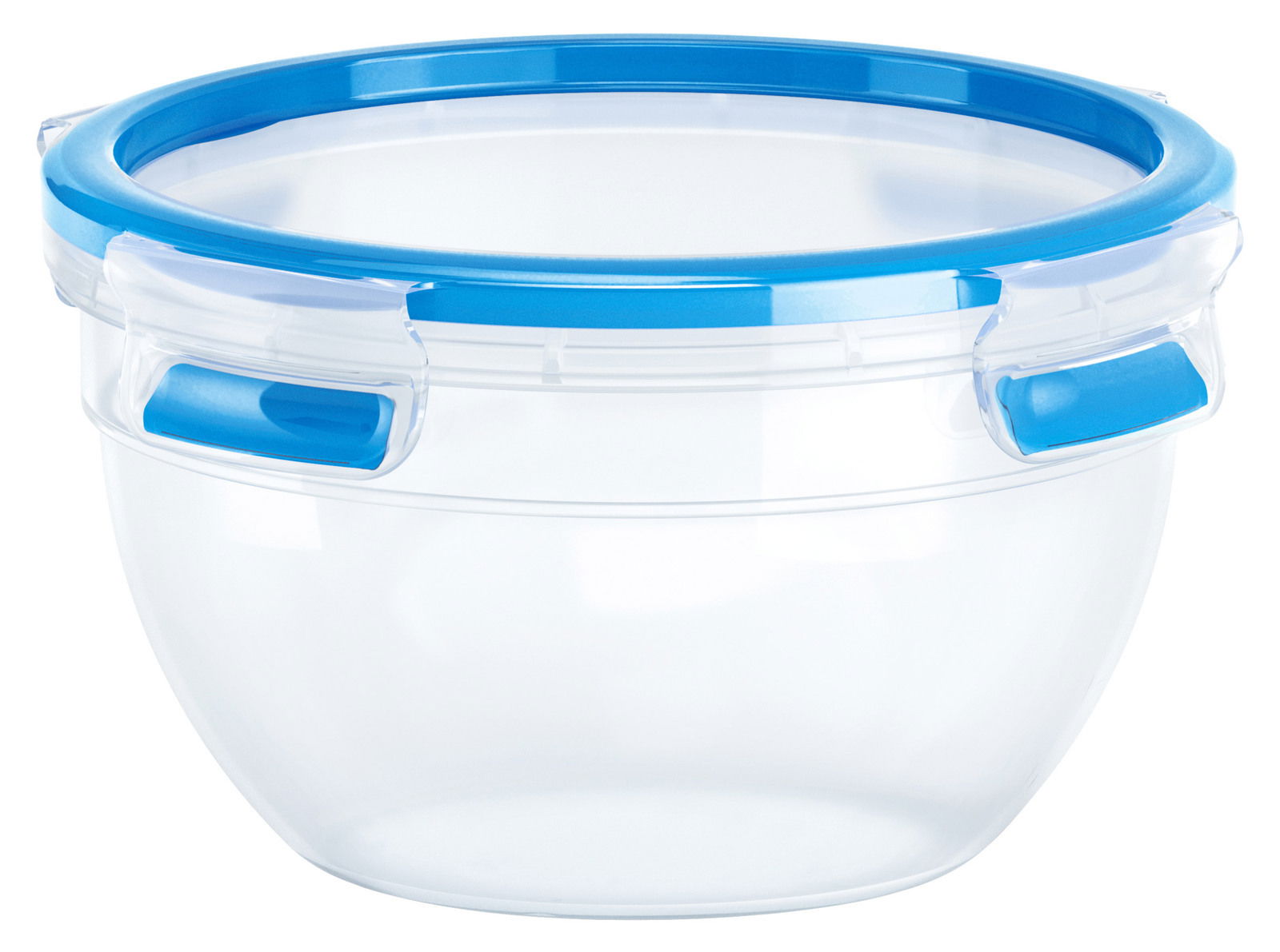 Runde Frischhaltedose mit blauem Deckel, seitliche Ansicht