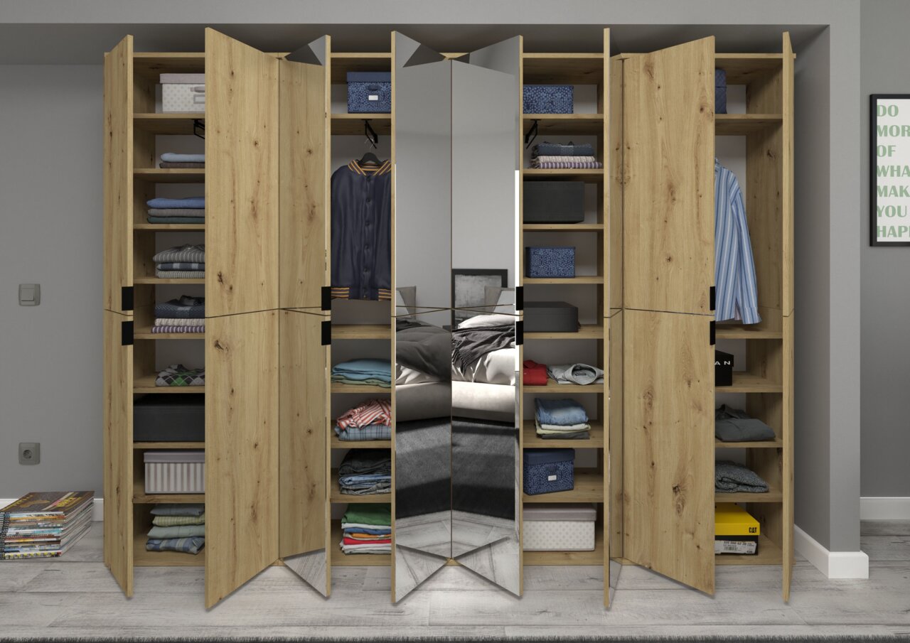 Garderobenkombination aus Holz mit offenen Türen, die Regale mit Kleidung und Accessoires zeigen. In der Mitte befinden sich Spiegeltüren. Frontalansicht.