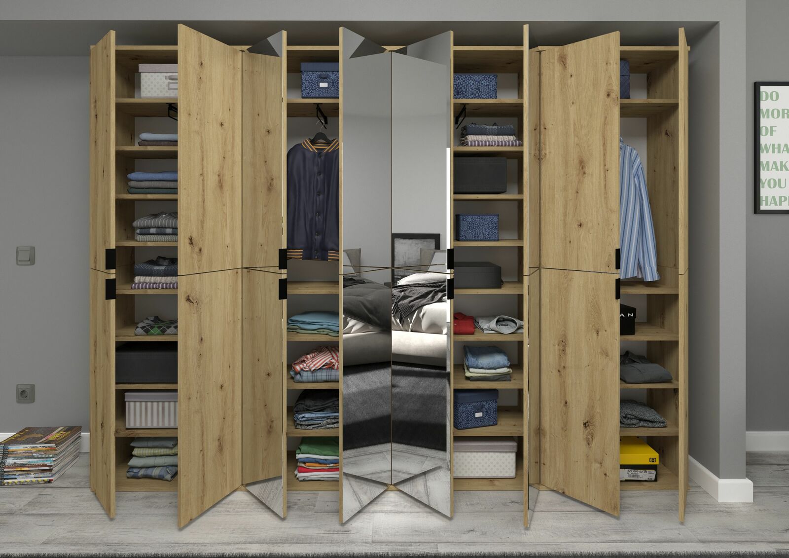 Garderobenkombination aus Holz mit offenen Türen, die Regale mit Kleidung und Accessoires zeigen. In der Mitte befinden sich Spiegeltüren. Frontalansicht.