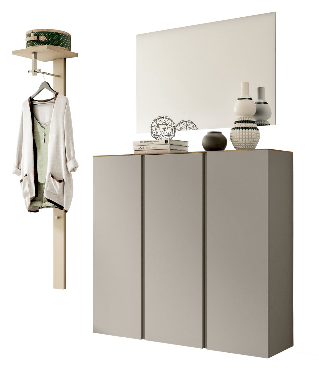 Moderano Garderoben-Set LECCO Garderobenset mit modernem Design, bestehend aus einem hohen Schrank mit drei Türen und einem Wandpaneel mit Kleiderhaken, seitliche Perspektive