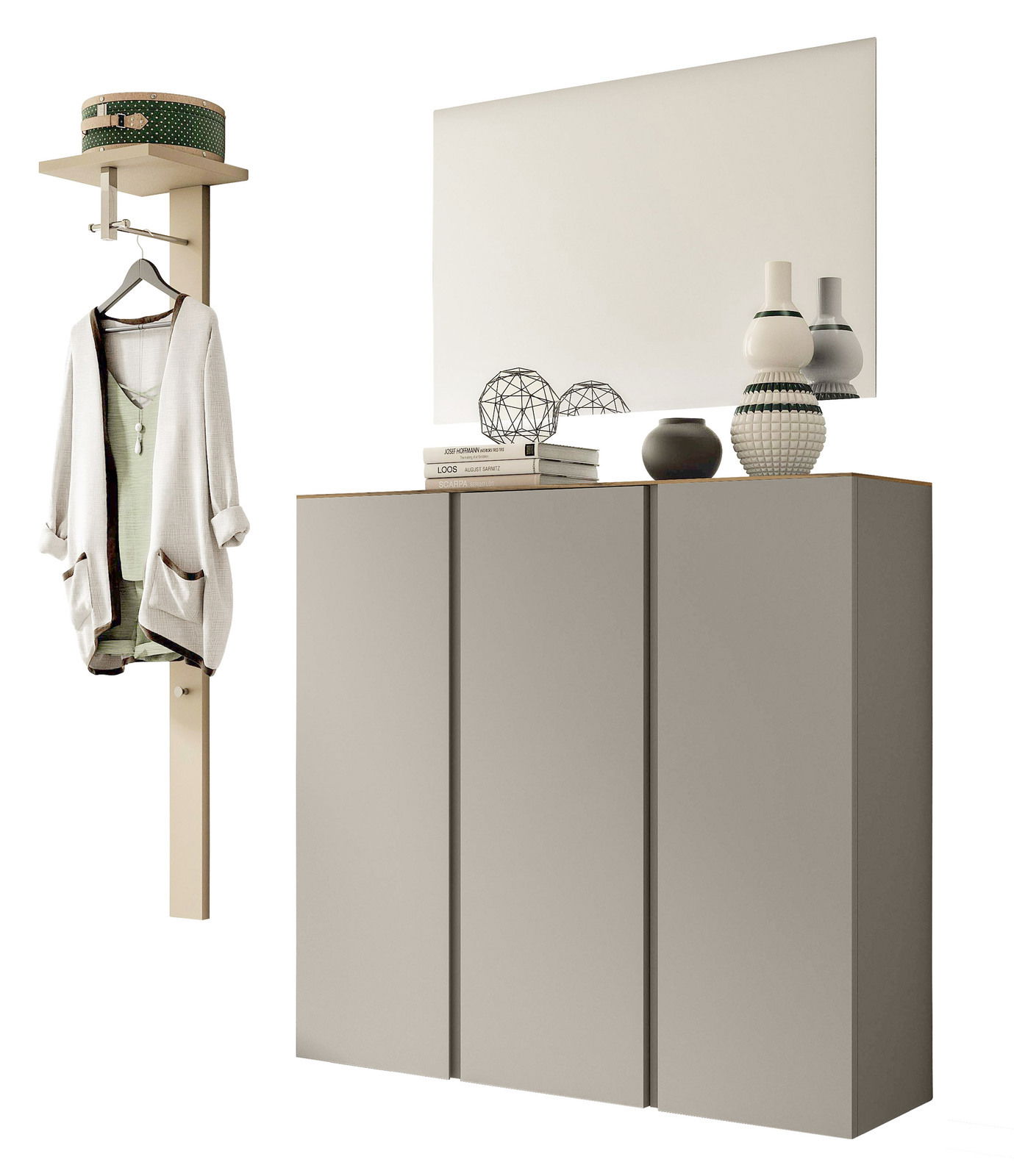 Moderano Garderoben-Set LECCO Garderobenset mit modernem Design, bestehend aus einem hohen Schrank mit drei Türen und einem Wandpaneel mit Kleiderhaken, seitliche Perspektive