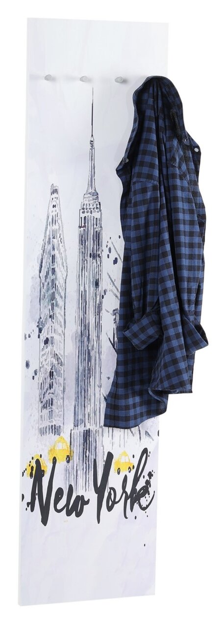 Wandgarderobe mit New York Skyline und blau kariertem Hemd, Frontalansicht