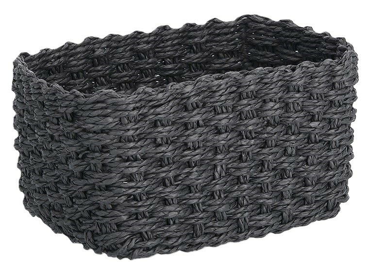 Schwarzer, rechteckiger Aufbewahrungskorb aus geflochtenem Material, seitliche Perspektive