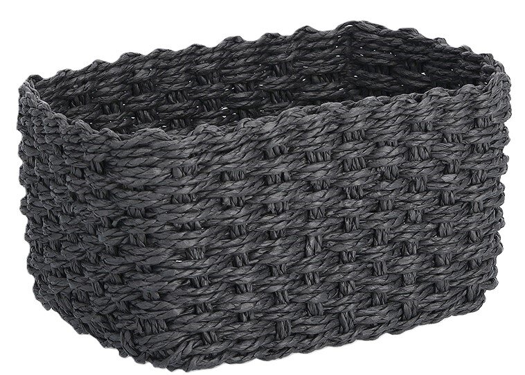 Schwarzer, rechteckiger Aufbewahrungskorb aus geflochtenem Material, seitliche Perspektive