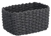 Schwarzer, rechteckiger Aufbewahrungskorb aus geflochtenem Material, seitliche Perspektive