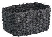 Schwarzer, rechteckiger Aufbewahrungskorb aus geflochtenem Material, seitliche Perspektive