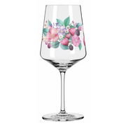 Sprizzglas mit floralem und fruchtigem Design, seitliche Perspektive