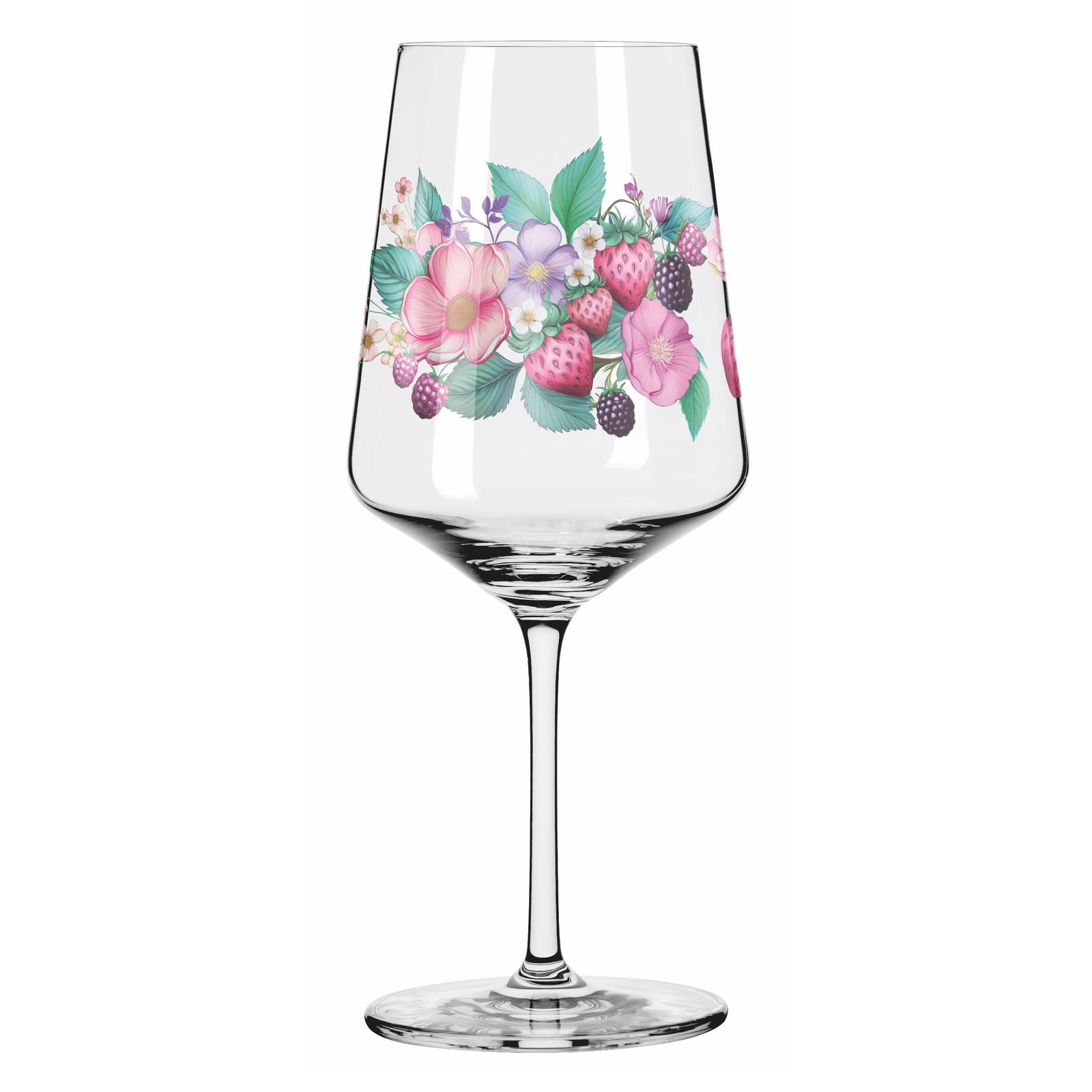 Sprizzglas mit floralem und fruchtigem Design, seitliche Perspektive