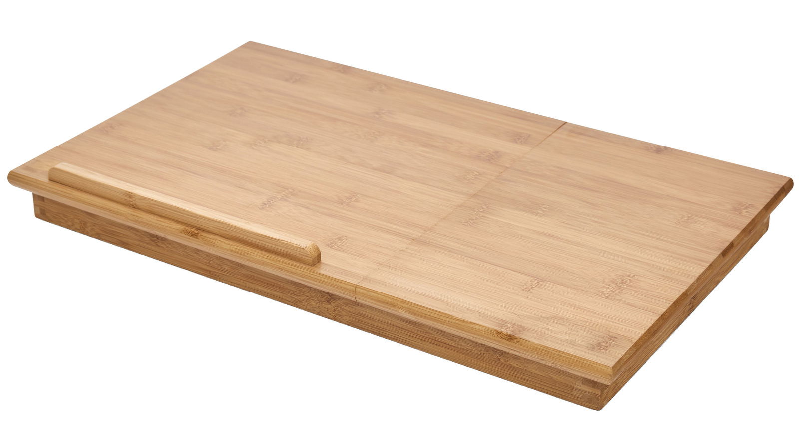 Betttablett aus Holz mit flacher Oberfläche und Leseklappe, seitliche Perspektive