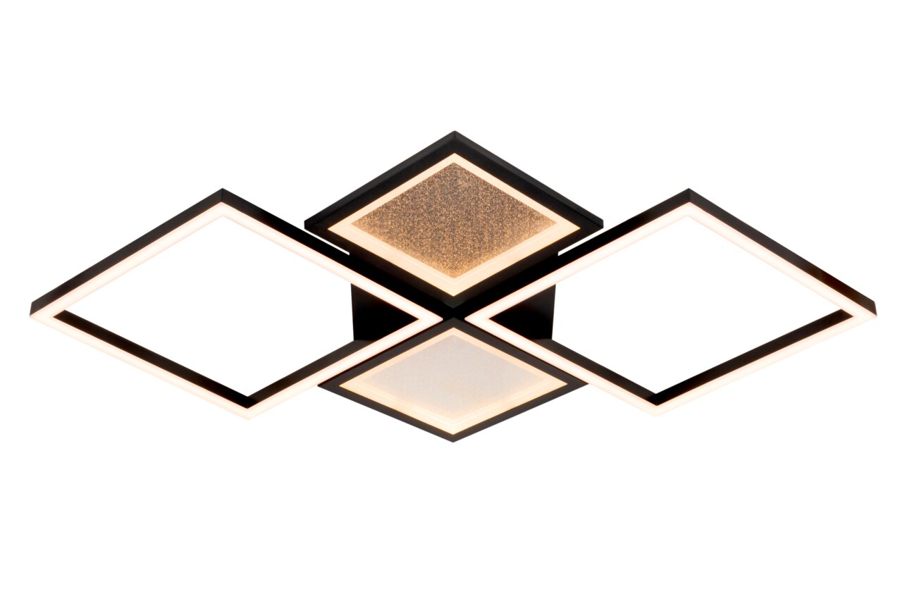 Moderne LED-Deckenleuchte mit geometrischem Design, bestehend aus vier quadratischen Elementen, aus der Seitenperspektive fotografiert.