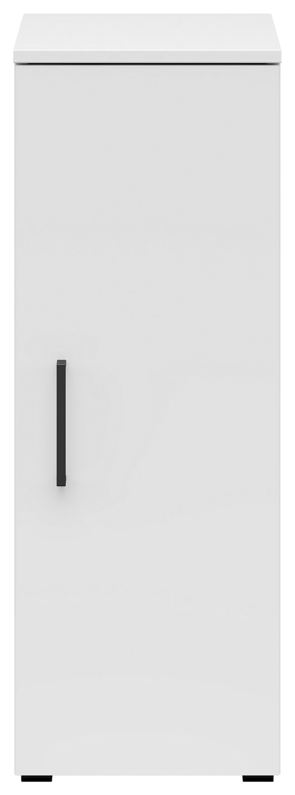 Frontansicht eines weißen Mehrzweckschranks mit schwarzem Griff