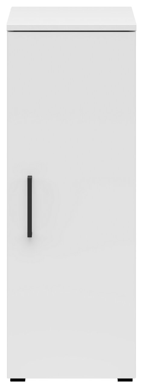 Frontansicht eines weißen Mehrzweckschranks mit schwarzem Griff