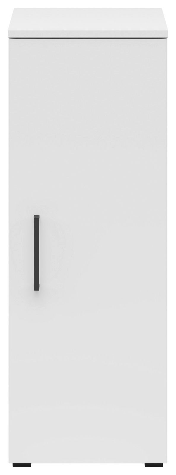 Frontansicht eines weißen Mehrzweckschranks mit schwarzem Griff