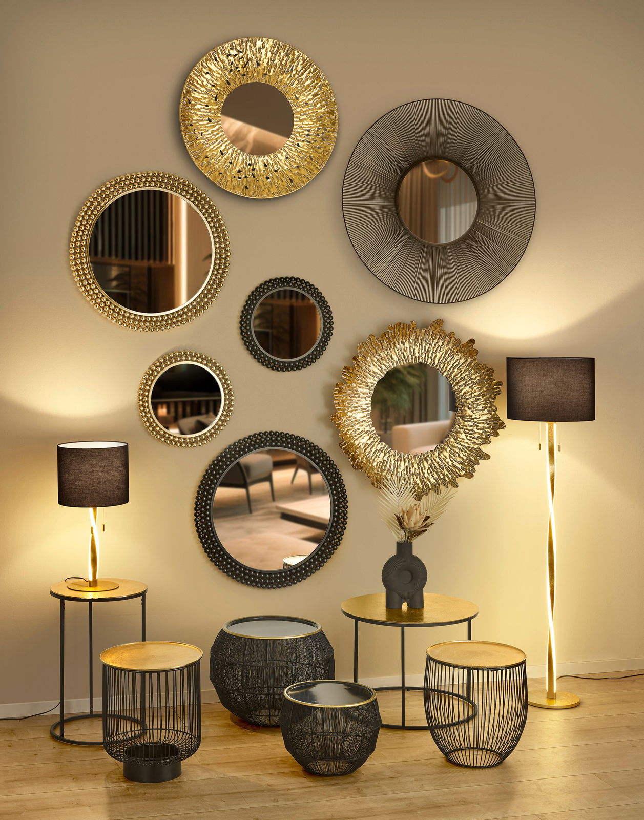 XORA Spiegel AMILA Wand mit mehreren runden Spiegeln in verschiedenen Designs, darunter ein goldener Spiegel mit strukturiertem Rahmen. Perspektive: Frontalansicht.