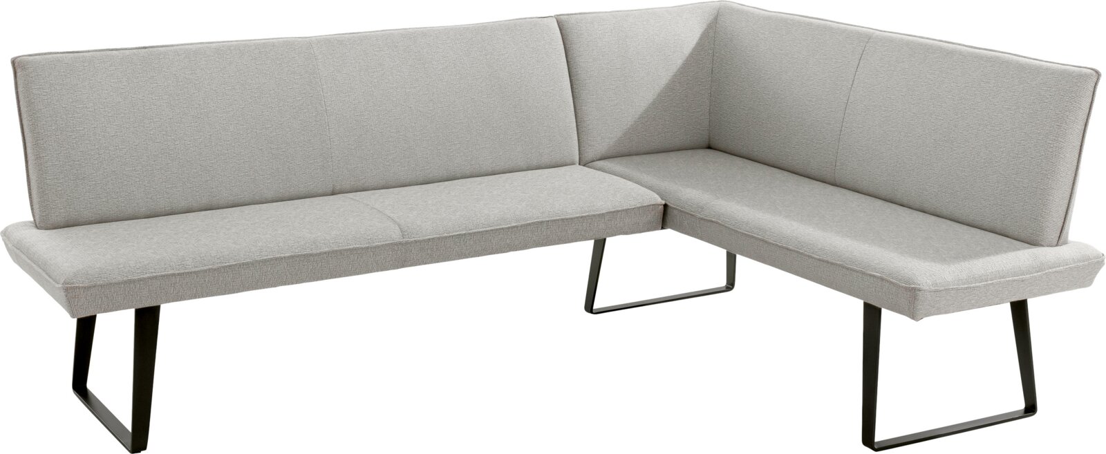 Niehoff-Garden Hoekbank ELBA Modernes Ecksofa in L-Form mit hellgrauem Stoffbezug und schwarzen Metallkufen, freigestellt auf weißem Hintergrund, Ansicht schräg von vorne.