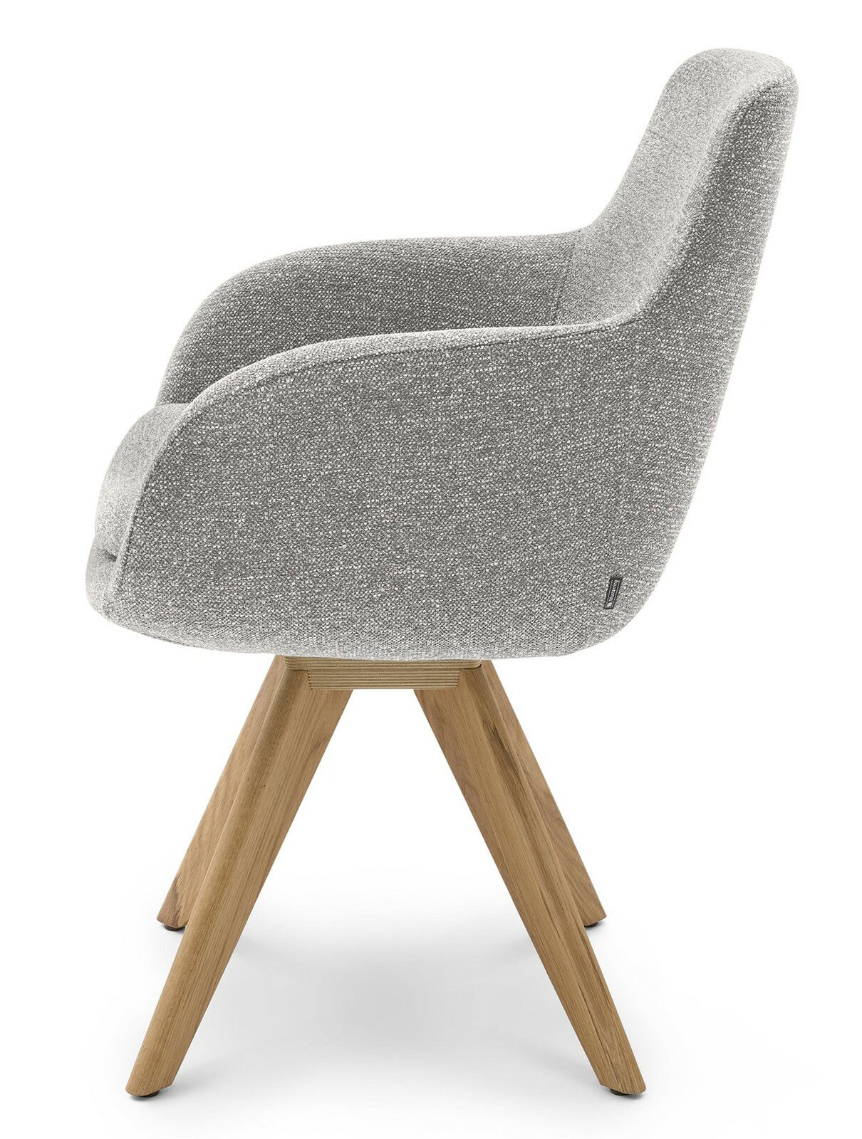 Grauer Armlehnstuhl mit Holzbeinen, Seitenansicht